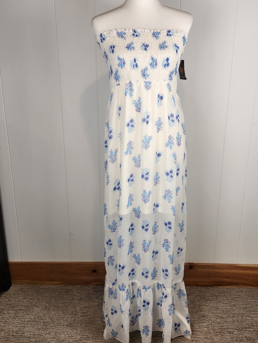 Y2K Maxi Dress Sheer Overlay Juniors XL White Blue Floral Seersucker Romantic